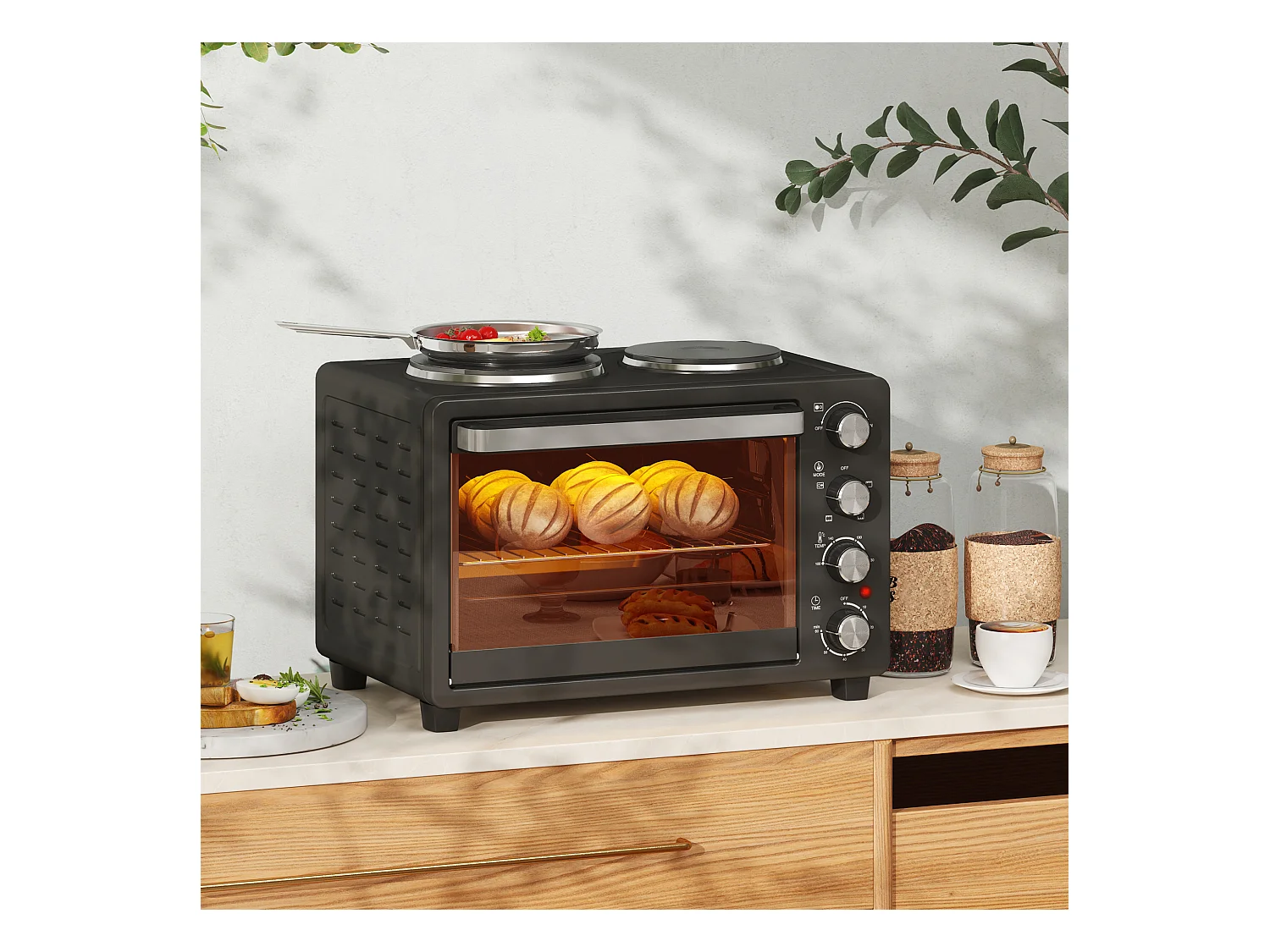Mini vier 28L 2600W met 60 min minuut, 2 verwarmingsplaten, grill en kookplaat, vier met pizza met grill en mietettes (48,6x36,3x33cm)