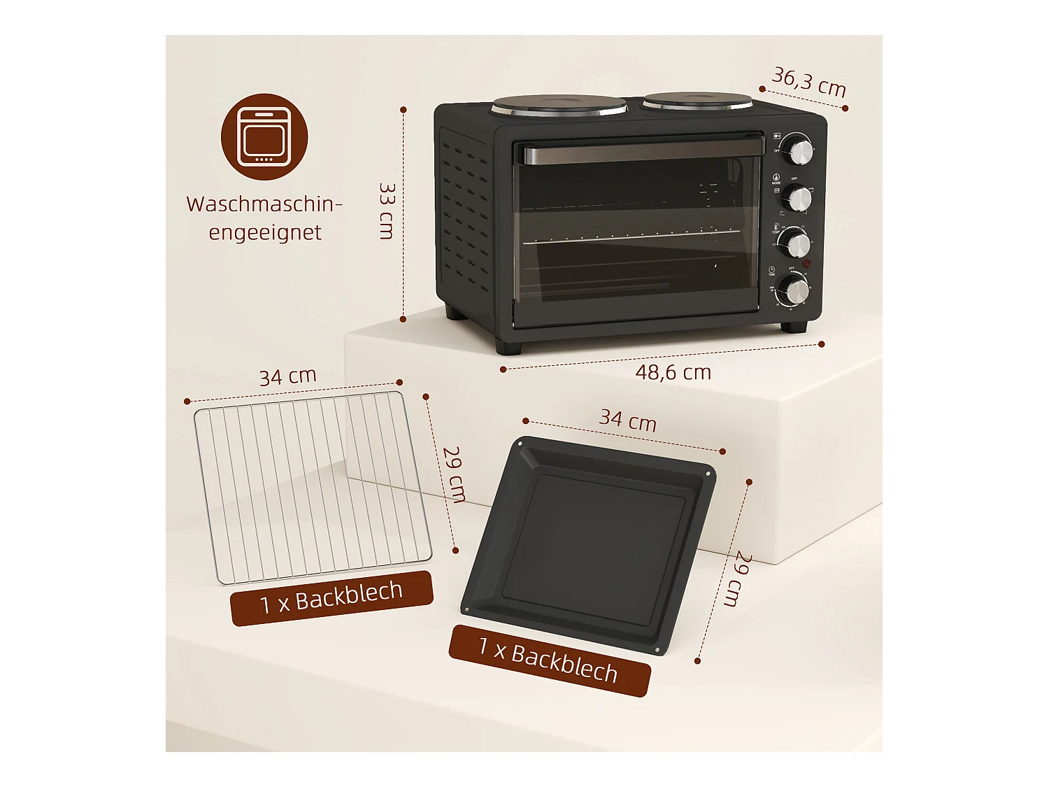 Mini vier 28L 2600W met 60 min minuut, 2 verwarmingsplaten, grill en kookplaat, vier met pizza met grill en mietettes (48,6x36,3x33cm)