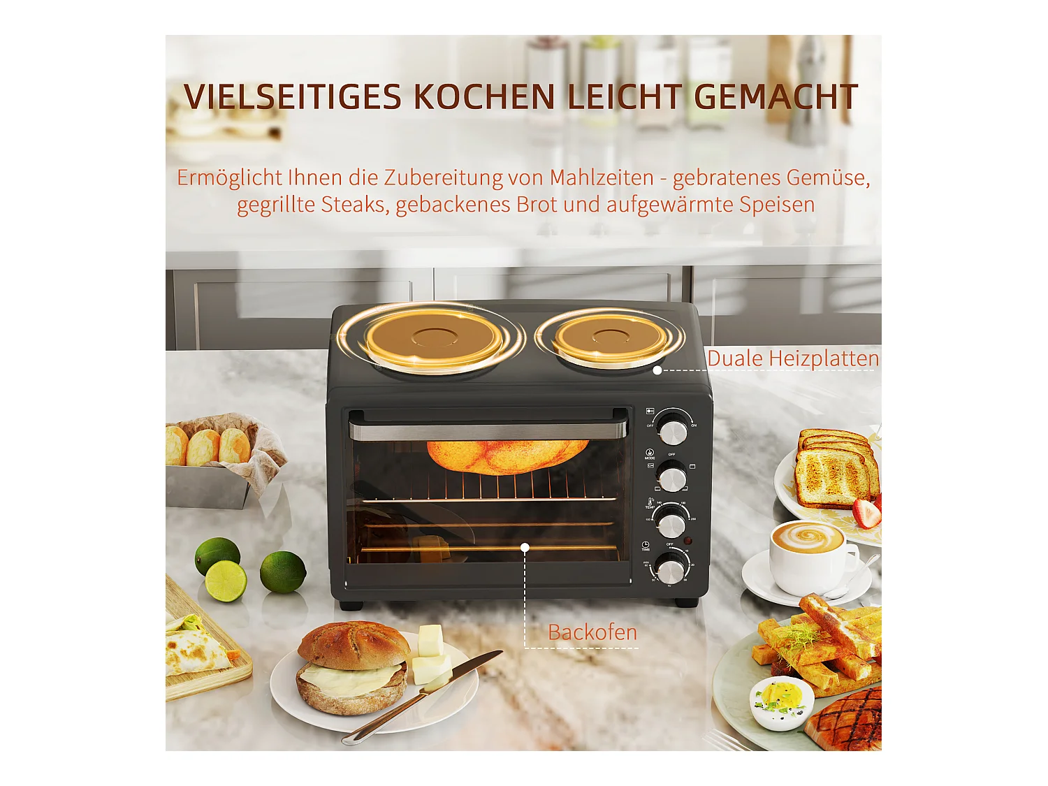 Mini vier 28L 2600W met 60 min minuut, 2 verwarmingsplaten, grill en kookplaat, vier met pizza met grill en mietettes (48,6x36,3x33cm)