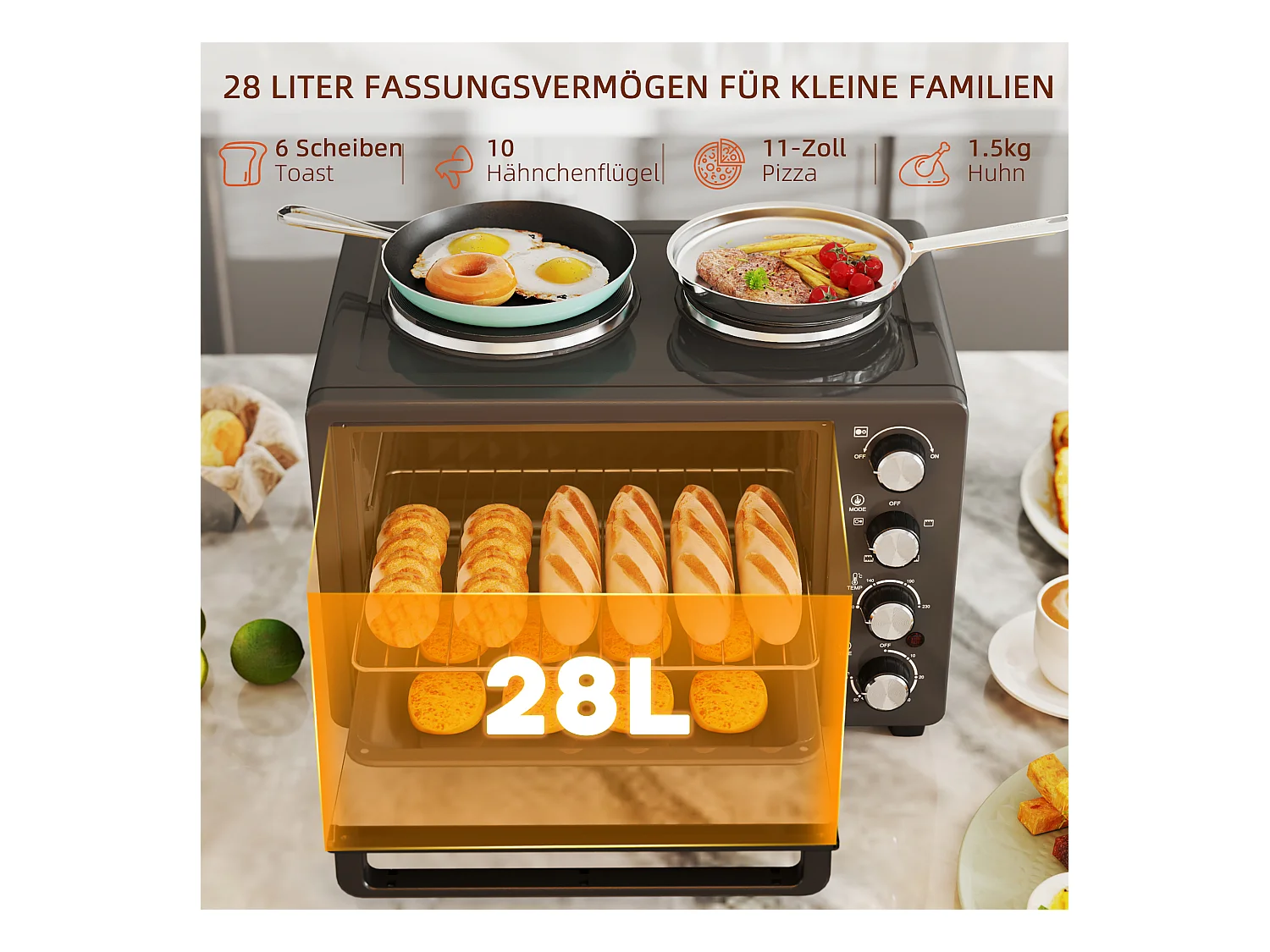 Mini vier 28L 2600W met 60 min minuut, 2 verwarmingsplaten, grill en kookplaat, vier met pizza met grill en mietettes (48,6x36,3x33cm)