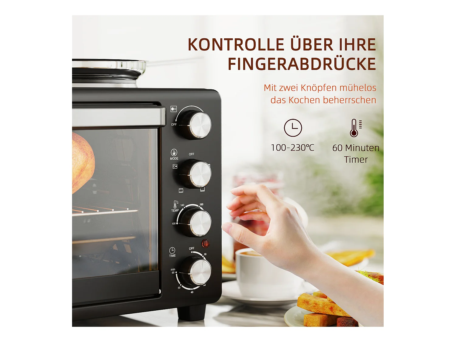 Mini vier 28L 2600W met 60 min minuut, 2 verwarmingsplaten, grill en kookplaat, vier met pizza met grill en mietettes (48,6x36,3x33cm)