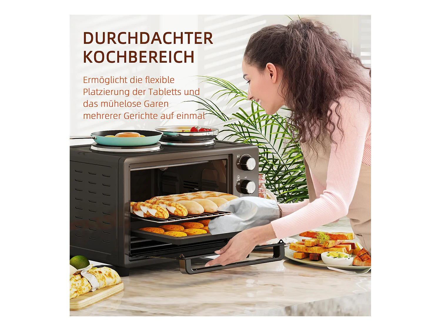 Mini vier 28L 2600W met 60 min minuut, 2 verwarmingsplaten, grill en kookplaat, vier met pizza met grill en mietettes (48,6x36,3x33cm)