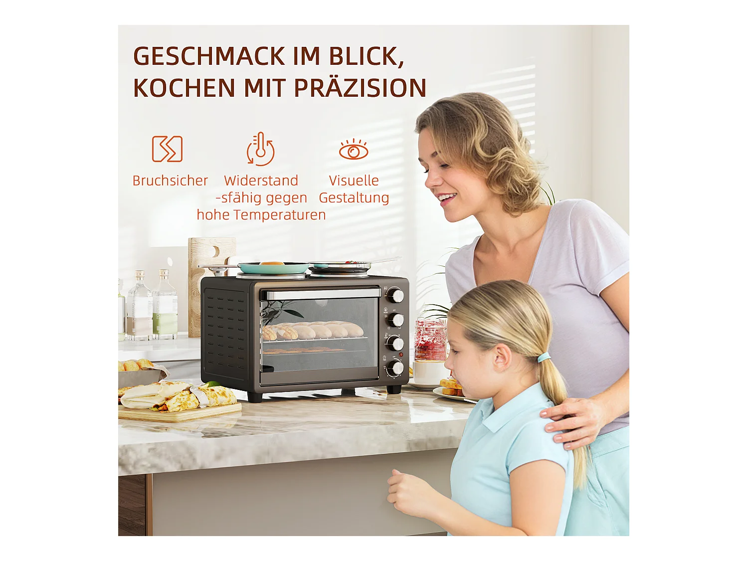 Mini vier 28L 2600W met 60 min minuut, 2 verwarmingsplaten, grill en kookplaat, vier met pizza met grill en mietettes (48,6x36,3x33cm)