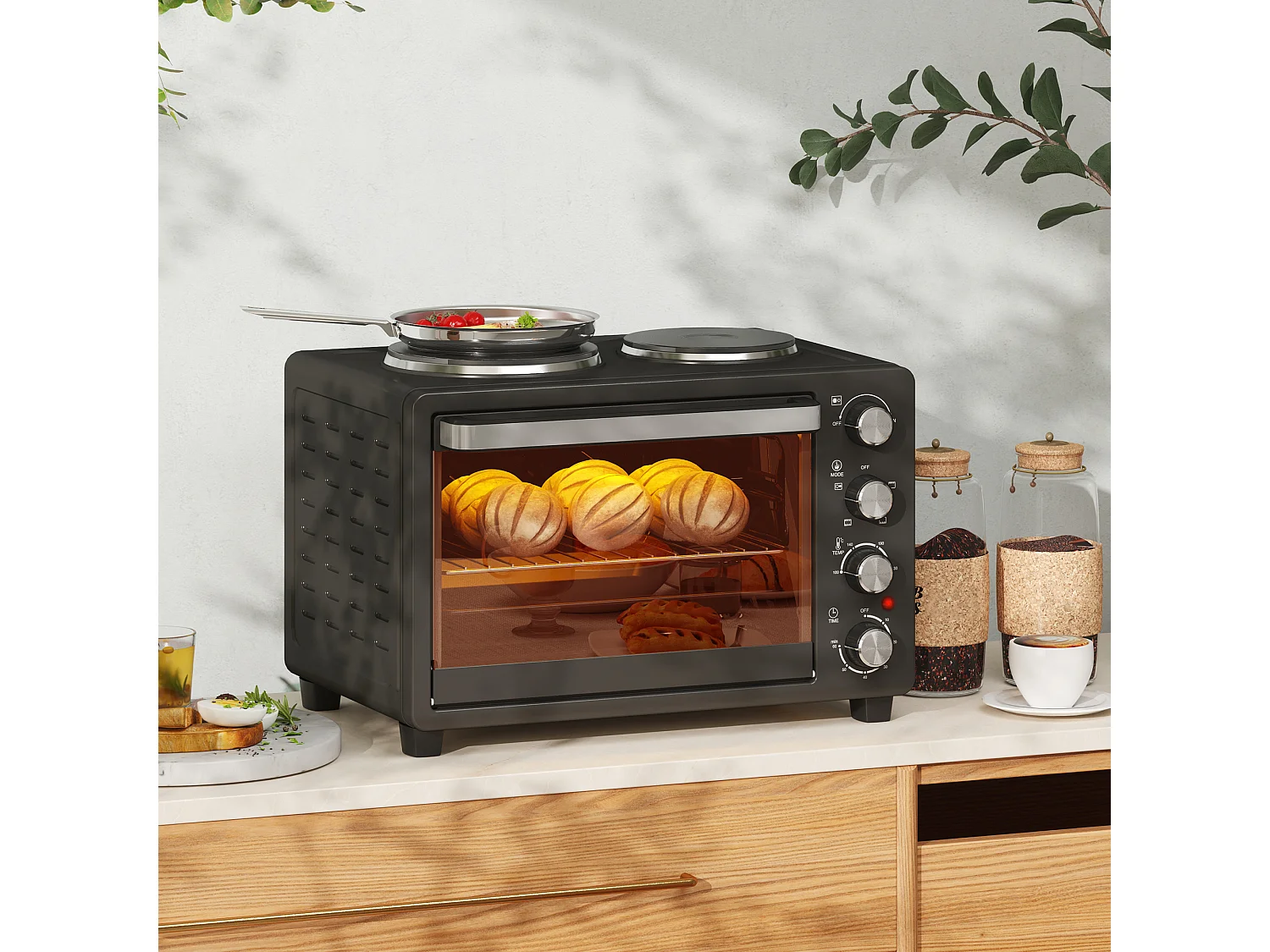 Mini four 28L 2600W avec 60 min minuterie, 2 plaques chauffantes, grille et plaque de cuisson, four à pizza avec grille à miettes (48.6x36.3x33cm)