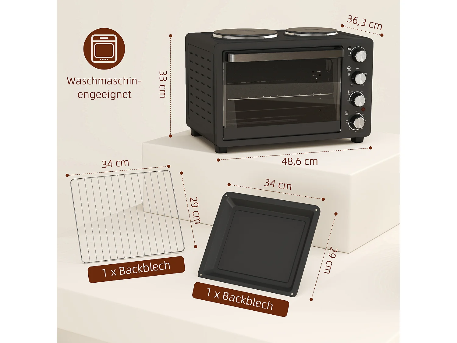 Mini four 28L 2600W avec 60 min minuterie, 2 plaques chauffantes, grille et plaque de cuisson, four à pizza avec grille à miettes (48.6x36.3x33cm)