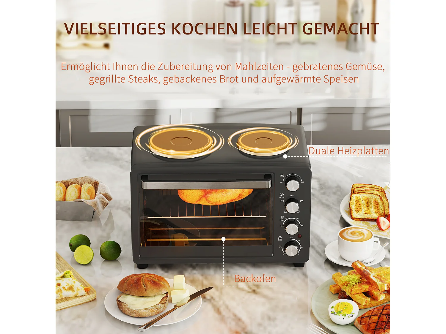 Mini four 28L 2600W avec 60 min minuterie, 2 plaques chauffantes, grille et plaque de cuisson, four à pizza avec grille à miettes (48.6x36.3x33cm)