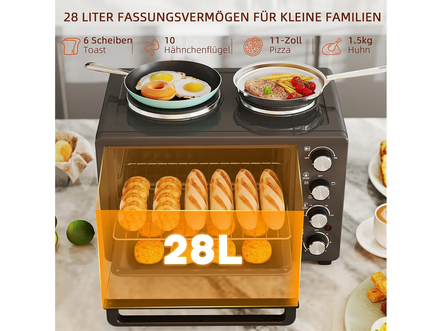 Mini four 28L 2600W avec 60 min minuterie, 2 plaques chauffantes, grille et plaque de cuisson, four à pizza avec grille à miettes (48.6x36.3x33cm)