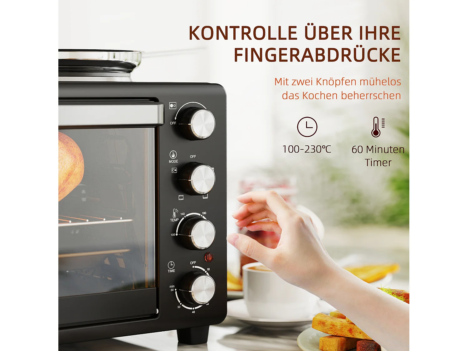 Mini four 28L 2600W avec 60 min minuterie, 2 plaques chauffantes, grille et plaque de cuisson, four à pizza avec grille à miettes (48.6x36.3x33cm)