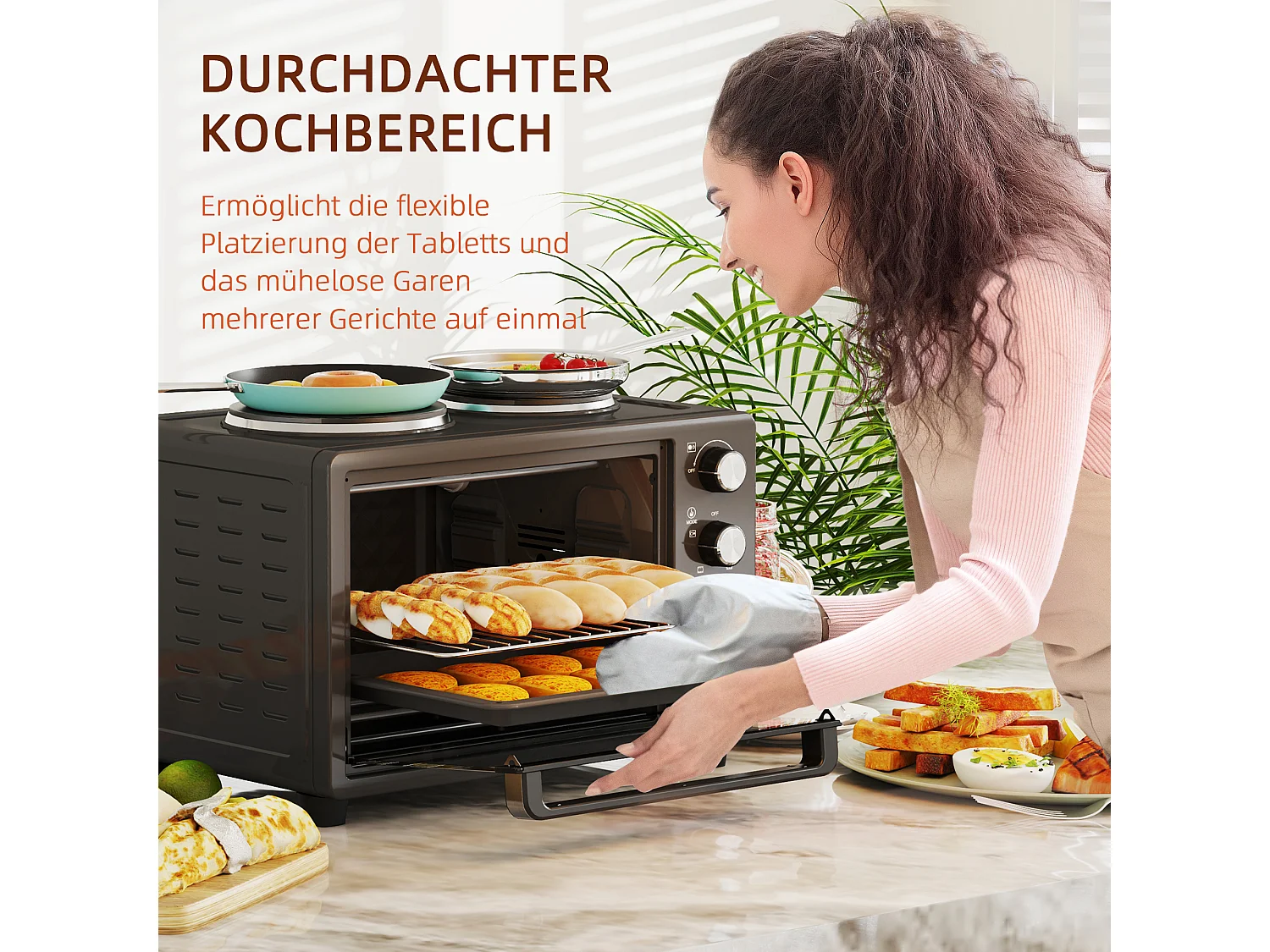 Mini four 28L 2600W avec 60 min minuterie, 2 plaques chauffantes, grille et plaque de cuisson, four à pizza avec grille à miettes (48.6x36.3x33cm)