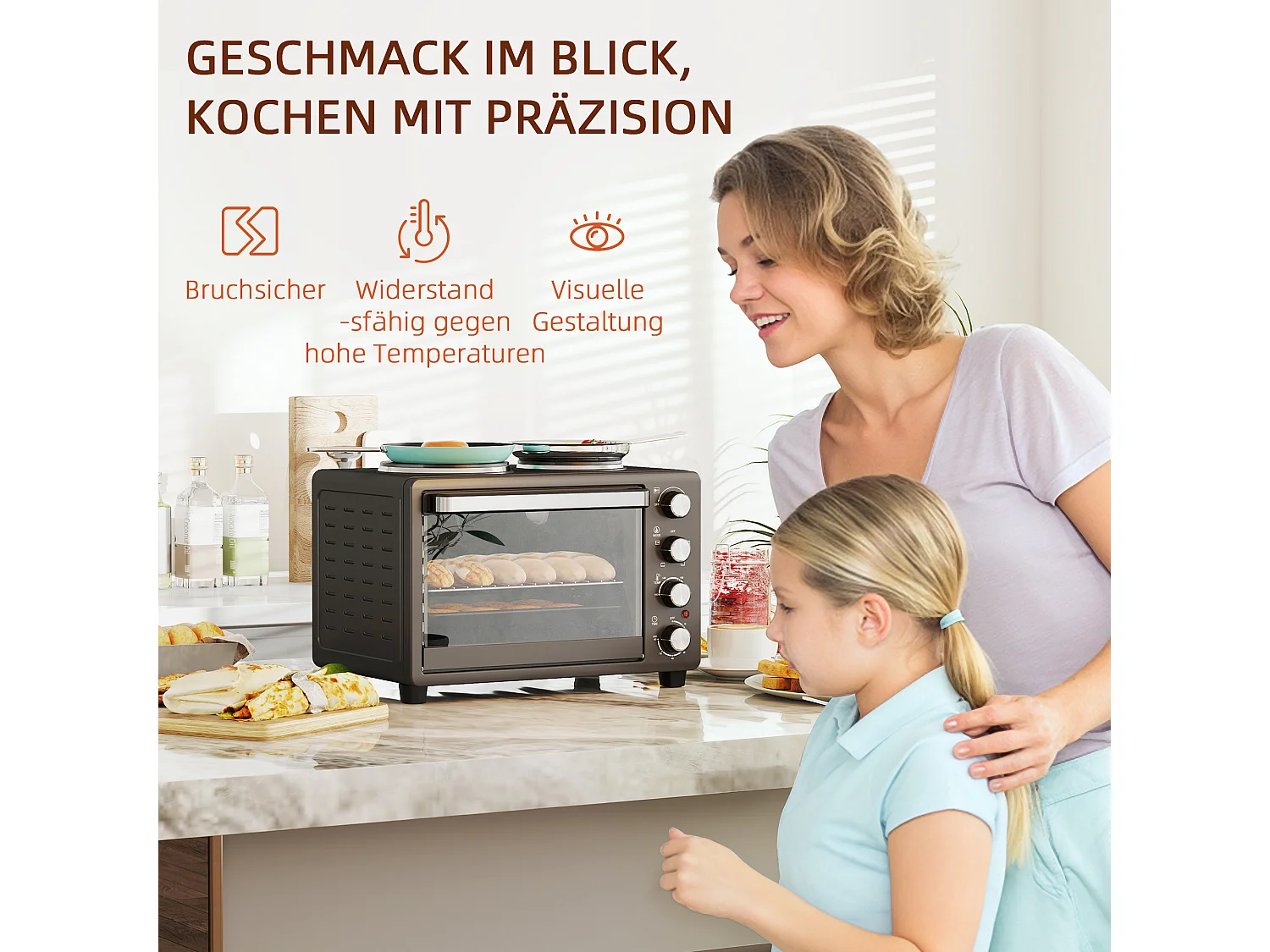 Mini four 28L 2600W avec 60 min minuterie, 2 plaques chauffantes, grille et plaque de cuisson, four à pizza avec grille à miettes (48.6x36.3x33cm)