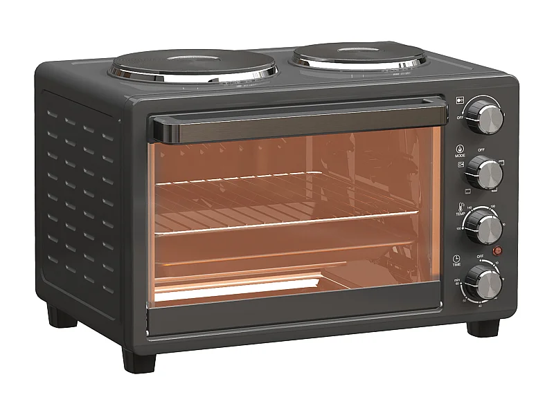 Mini four 28L 2600W avec 60 min minuterie, 2 plaques chauffantes, grille et plaque de cuisson, four à pizza avec grille à miettes (48.6x36.3x33cm)