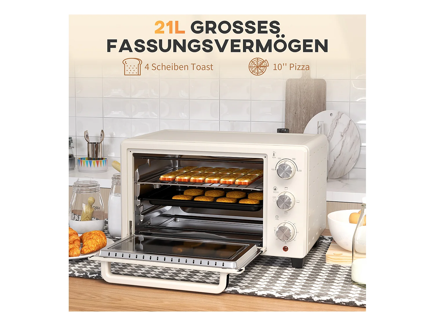 Mini vier 21L met draaispitfunctie, 3 kookstanden, roestvrij staal en glas, 100°C-230°C, (46x38,5x29cm)