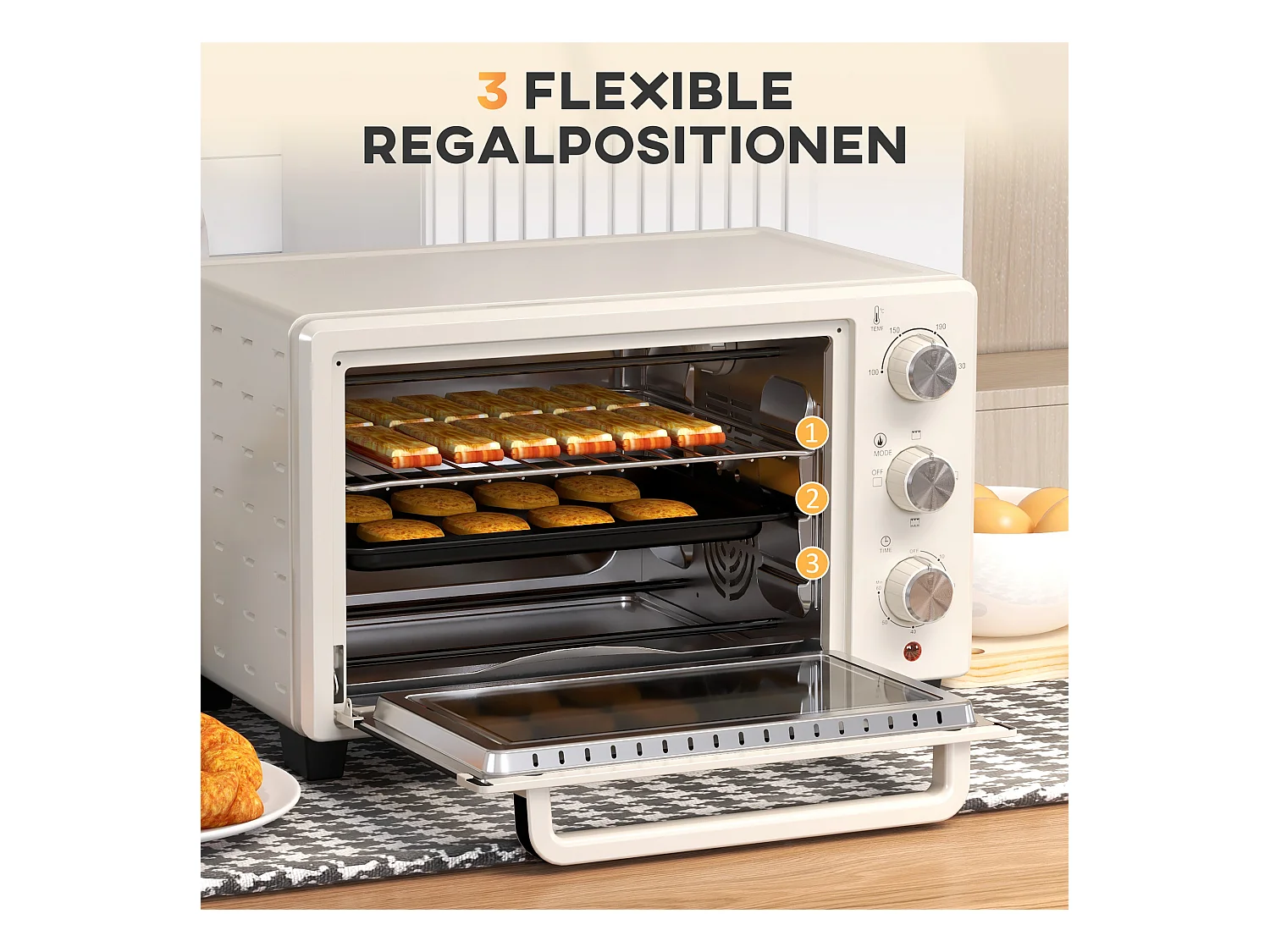 Mini vier 21L met draaispitfunctie, 3 kookstanden, roestvrij staal en glas, 100°C-230°C, (46x38,5x29cm)