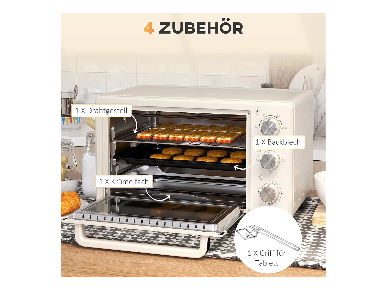 Mini vier 21L met draaispitfunctie, 3 kookstanden, roestvrij staal en glas, 100°C-230°C, (46x38,5x29cm)