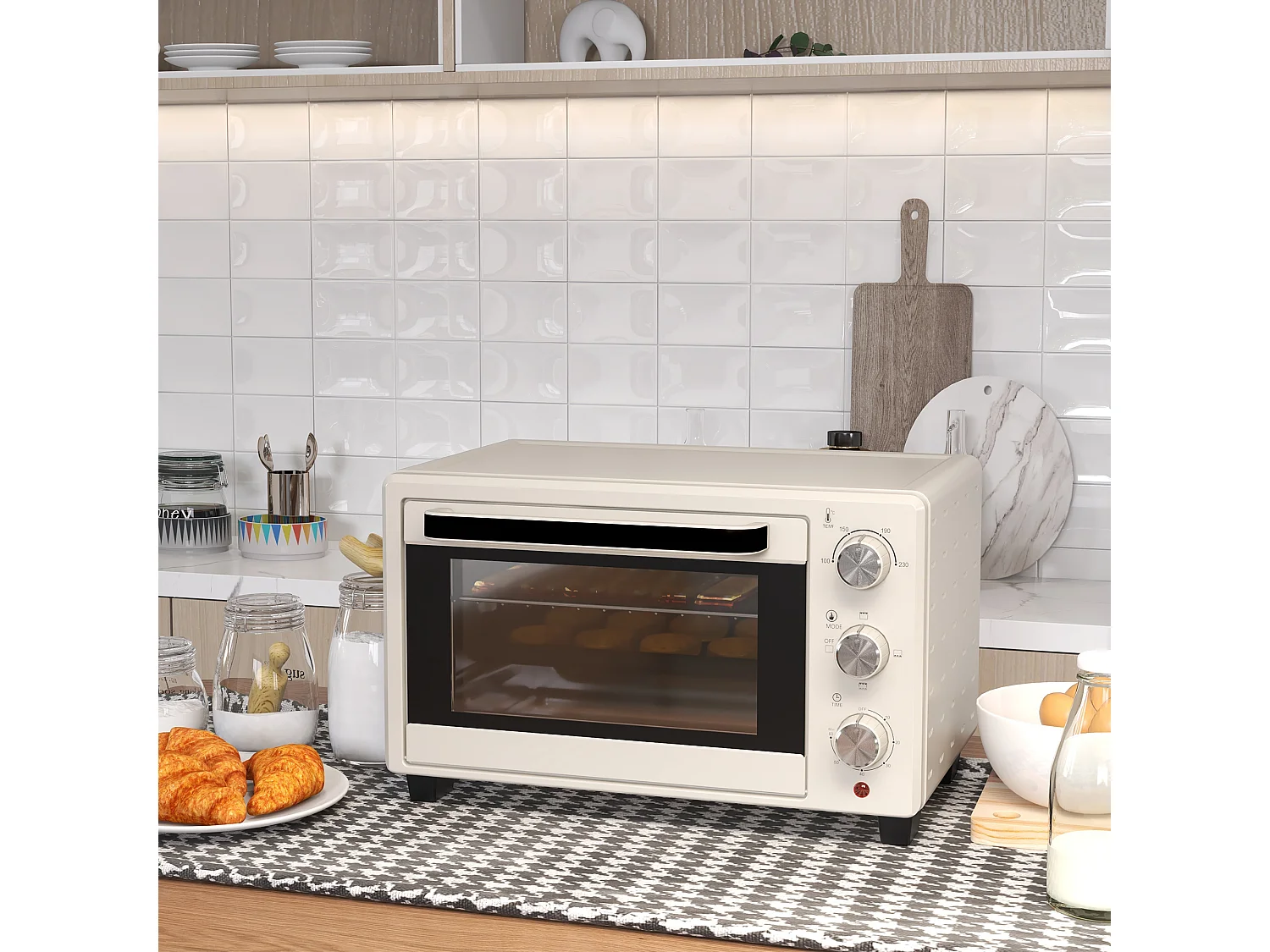 Mini four 21L avec fonction rotisserie, 3 modes de cuisson, inox et verre, 100°C-230°C, (46x38.5x29cm)
