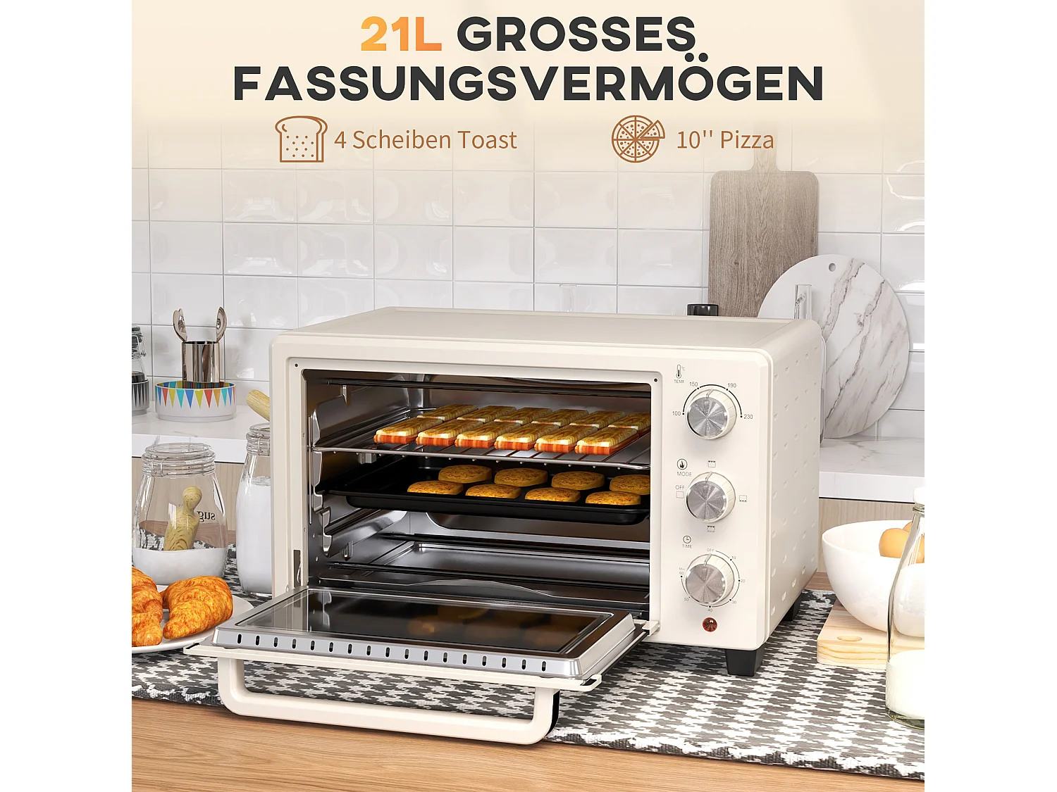 Mini four 21L avec fonction rotisserie, 3 modes de cuisson, inox et verre, 100°C-230°C, (46x38.5x29cm)