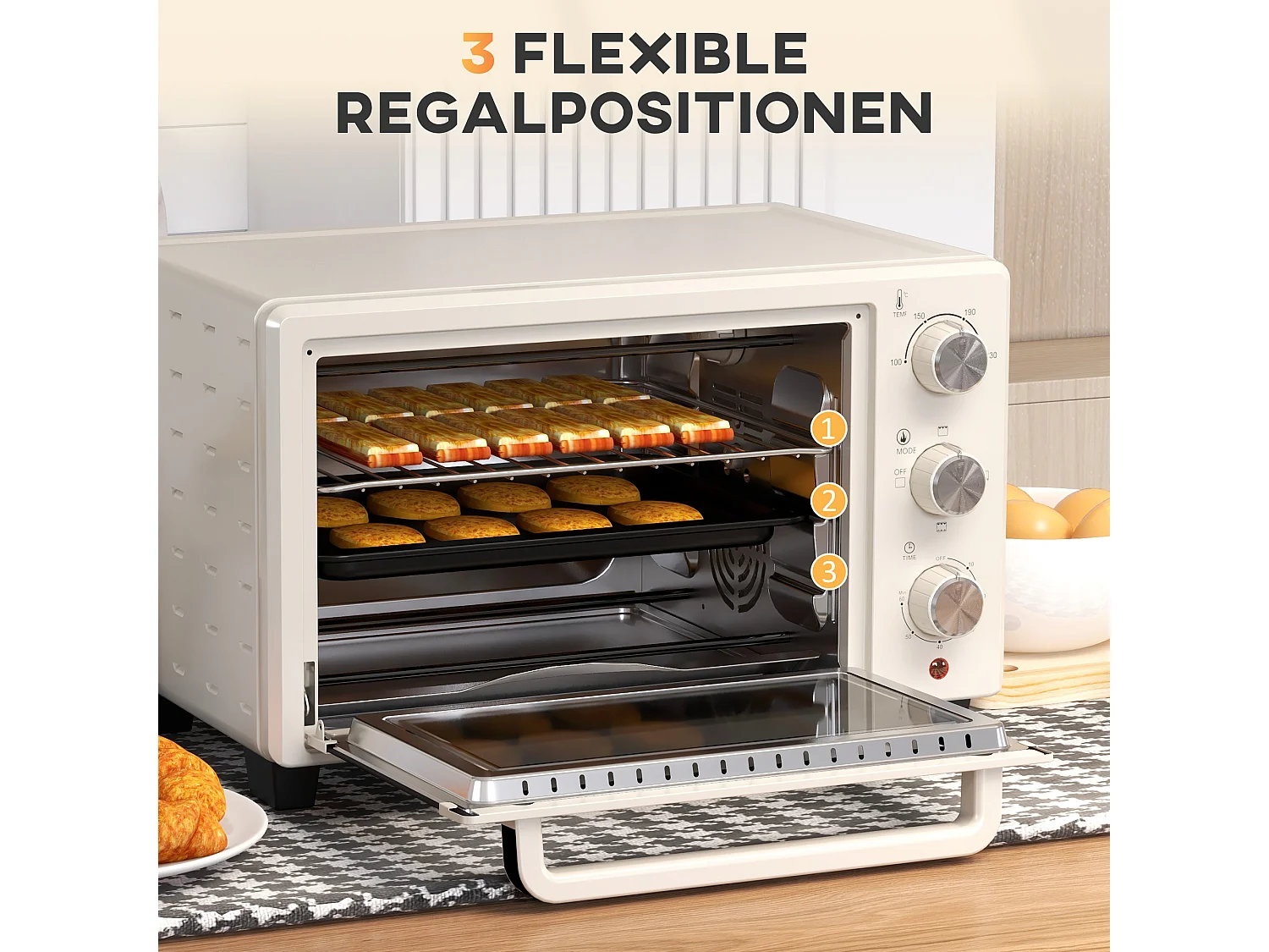 Mini four 21L avec fonction rotisserie, 3 modes de cuisson, inox et verre, 100°C-230°C, (46x38.5x29cm)