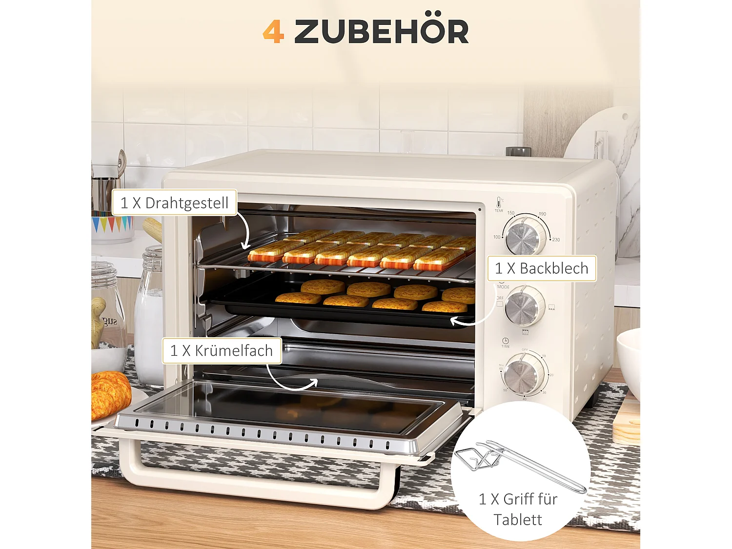 Mini four 21L avec fonction rotisserie, 3 modes de cuisson, inox et verre, 100°C-230°C, (46x38.5x29cm)