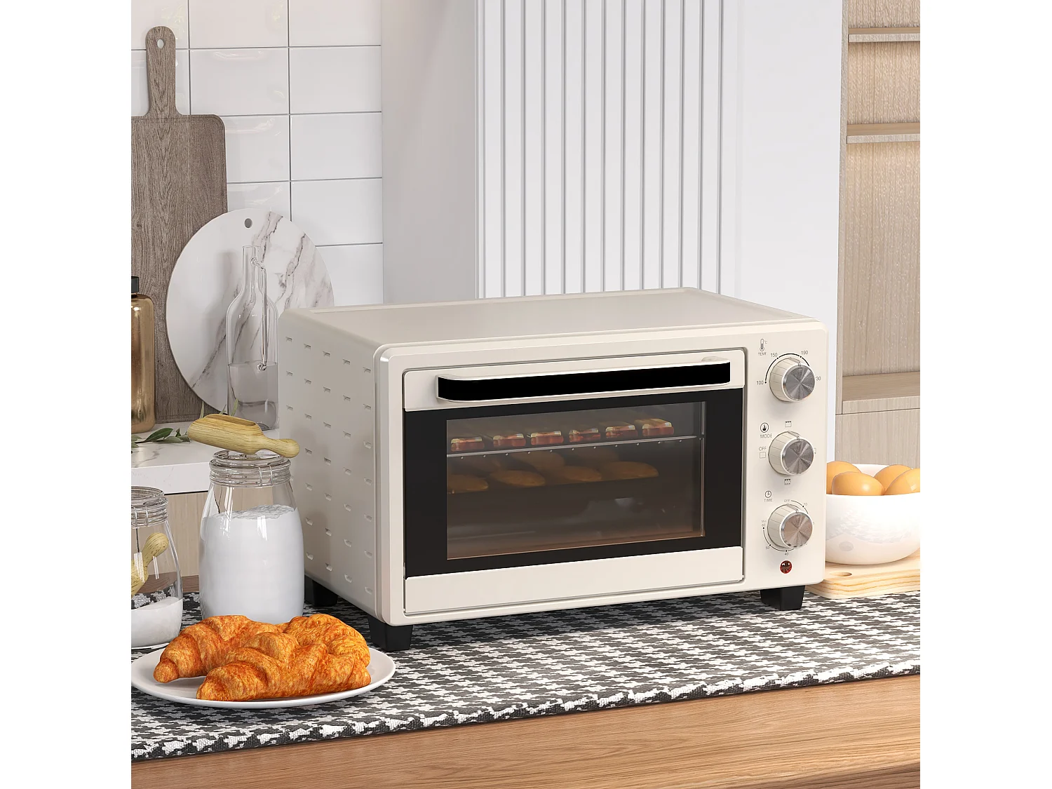 Mini four 21L avec fonction rotisserie, 3 modes de cuisson, inox et verre, 100°C-230°C, (46x38.5x29cm)