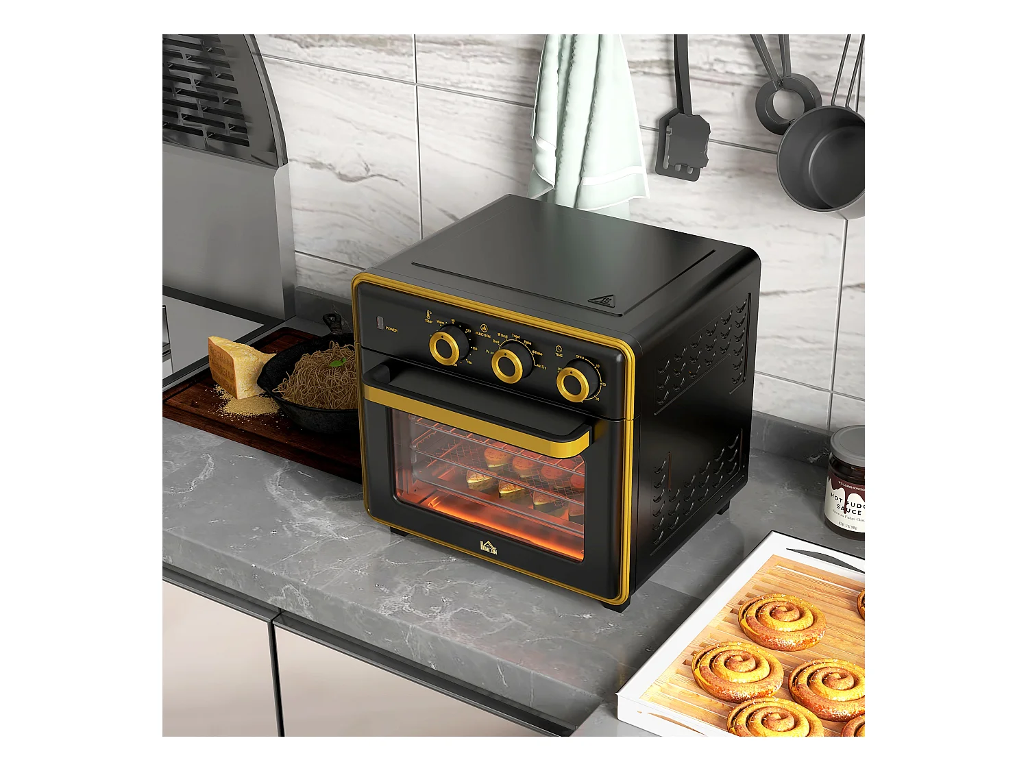 Mini four 20L 1400W 3 modes de cuisson, température réglable 90-230°C, avec minuterie de 60 minutes, métal et verre, noir et argent (36x37.7x34.5cm)