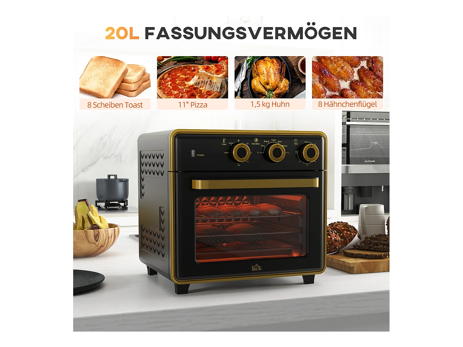 Mini four 20L 1400W 3 modes de cuisson, température réglable 90-230°C, avec minuterie de 60 minutes, métal et verre, noir et argent (36x37.7x34.5cm)