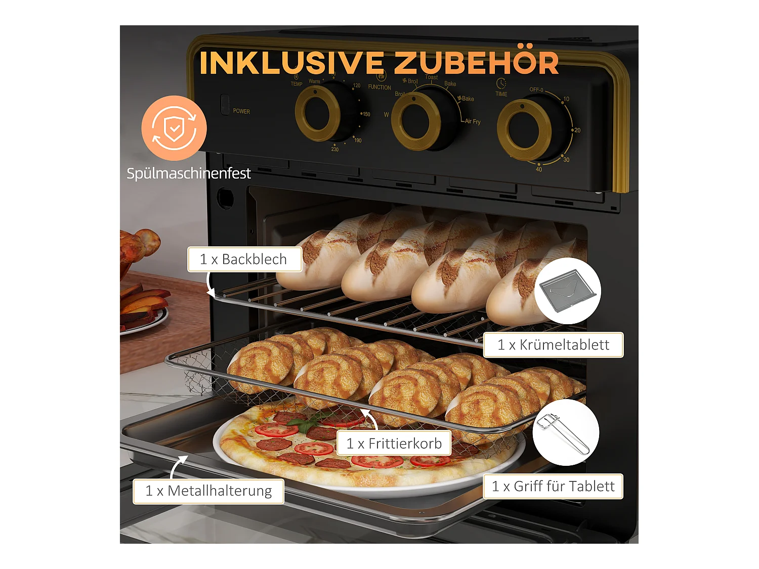 Mini four 20L 1400W 3 modes de cuisson, température réglable 90-230°C, avec minuterie de 60 minutes, métal et verre, noir et argent (36x37.7x34.5cm)