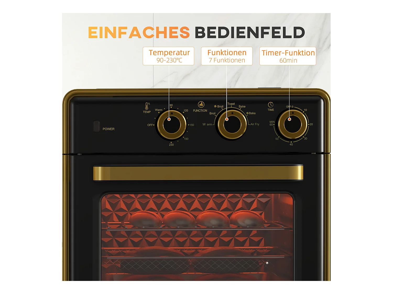 Mini four 20L 1400W 3 modes de cuisson, température réglable 90-230°C, avec minuterie de 60 minutes, métal et verre, noir et argent (36x37.7x34.5cm)