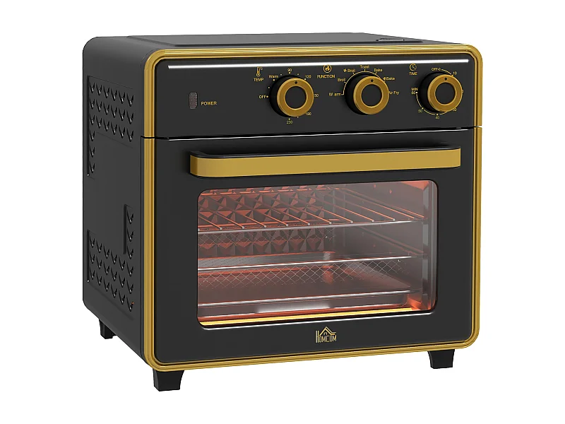 Mini horno 20L 1400W 3 modos de cocción, temperatura regulable 90-230°C, con temporizador de 60 minutos, metal y cristal, negro y plata (36x37,7x34,5cm)
