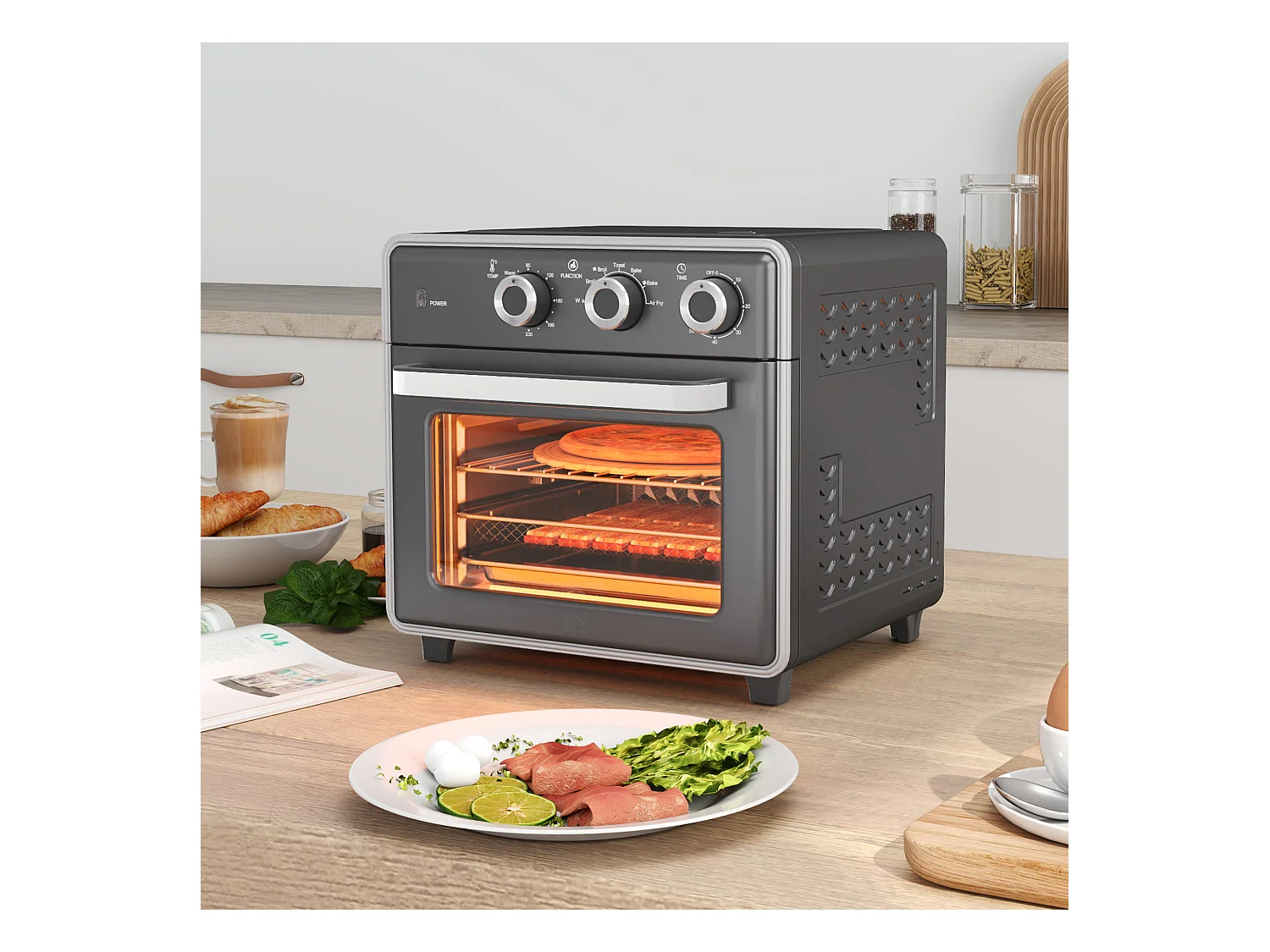 Mini four avec convection 20L, 5 modes, 1400W, avec grille, plateau de cuisson, et panier à friture, acier, gris (36x37.7x34.5cm)
