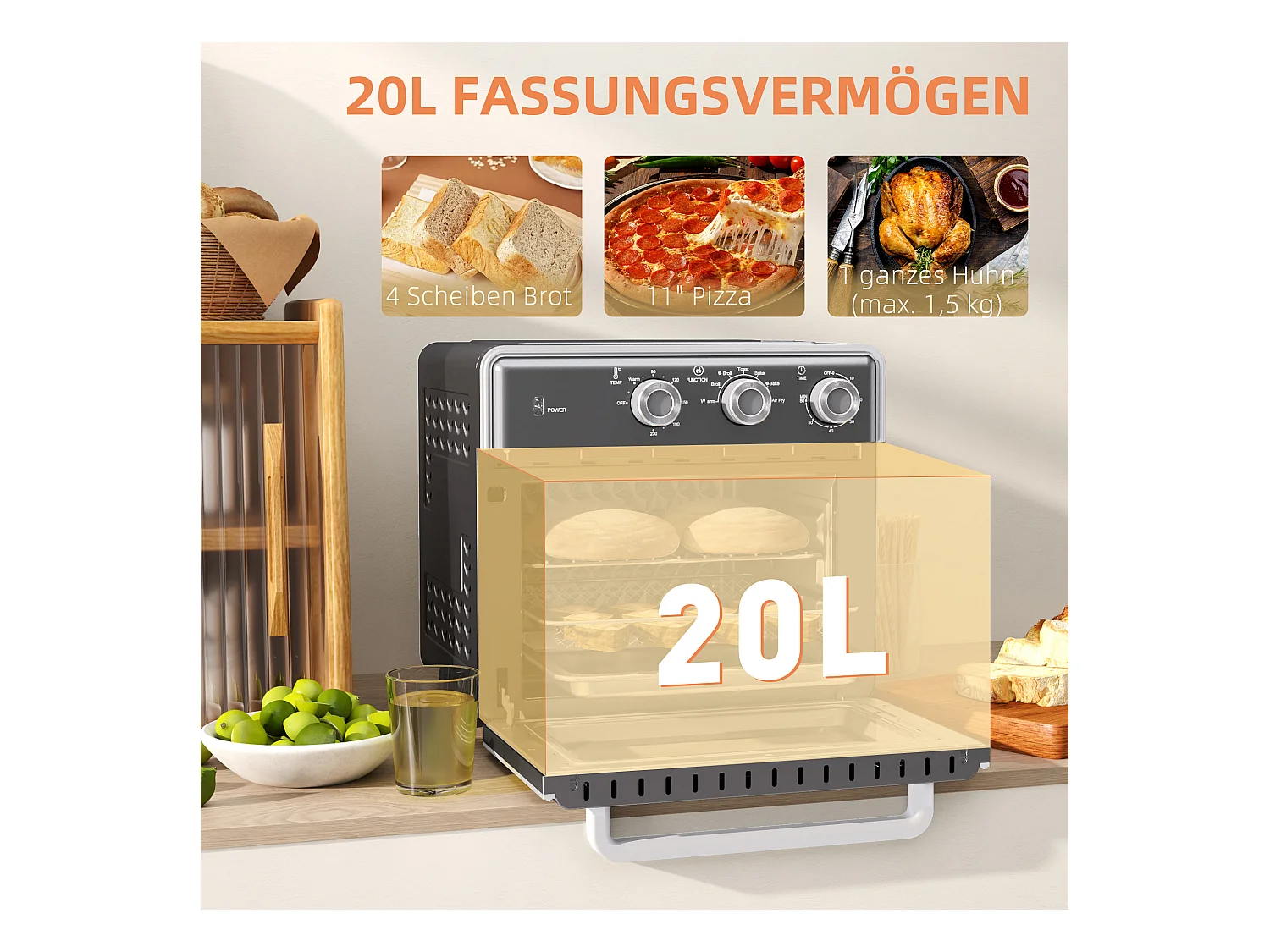 Mini four avec convection 20L, 5 modes, 1400W, avec grille, plateau de cuisson, et panier à friture, acier, gris (36x37.7x34.5cm)