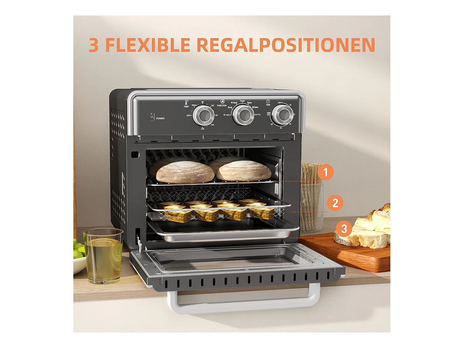 Mini four avec convection 20L, 5 modes, 1400W, avec grille, plateau de cuisson, et panier à friture, acier, gris (36x37.7x34.5cm)