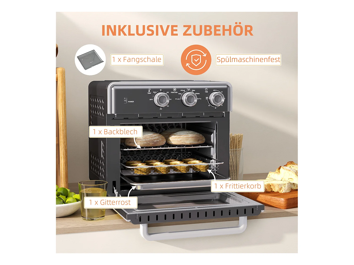 Mini four avec convection 20L, 5 modes, 1400W, avec grille, plateau de cuisson, et panier à friture, acier, gris (36x37.7x34.5cm)