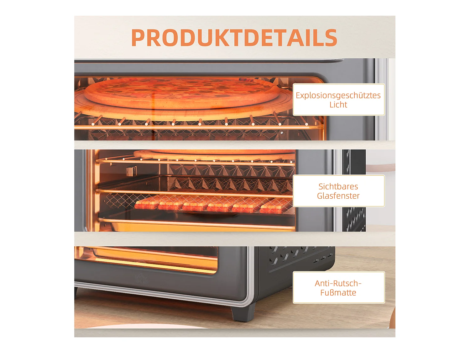Mini four avec convection 20L, 5 modes, 1400W, avec grille, plateau de cuisson, et panier à friture, acier, gris (36x37.7x34.5cm)