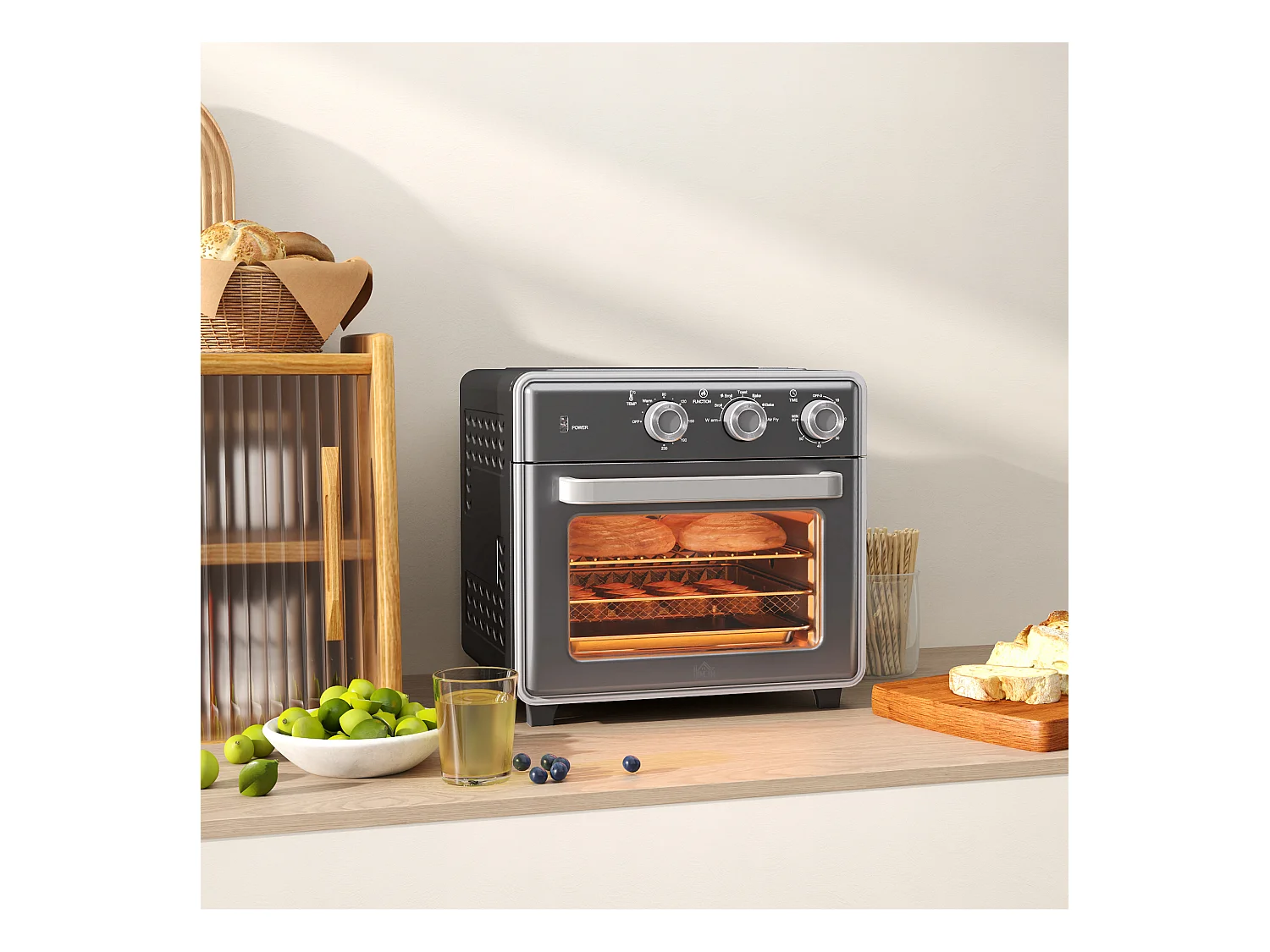 Mini four avec convection 20L, 5 modes, 1400W, avec grille, plateau de cuisson, et panier à friture, acier, gris (36x37.7x34.5cm)