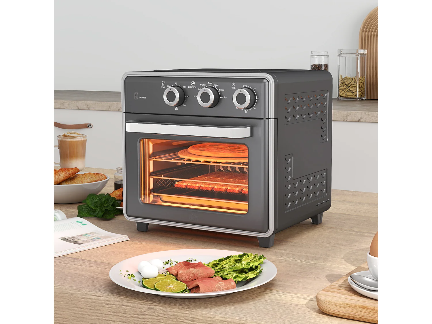 Mini four avec convection 20L, 5 modes, 1400W, avec grille, plateau de cuisson, et panier à friture, acier, gris (36x37.7x34.5cm)