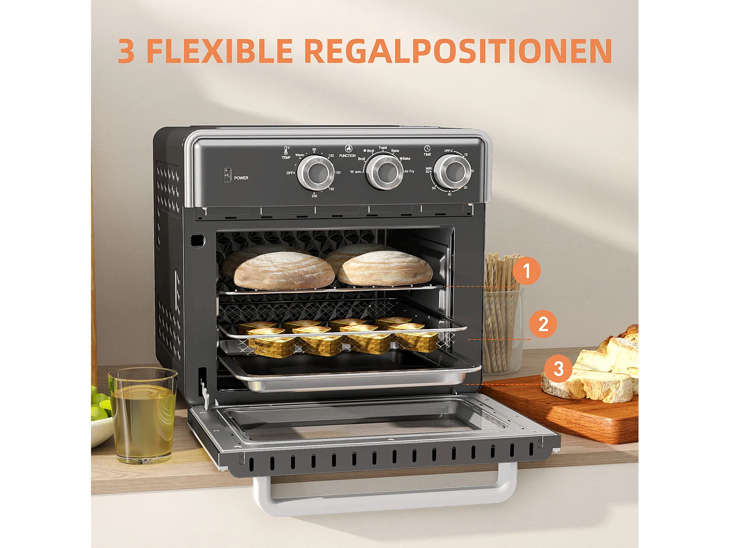 Mini four avec convection 20L, 5 modes, 1400W, avec grille, plateau de cuisson, et panier à friture, acier, gris (36x37.7x34.5cm)