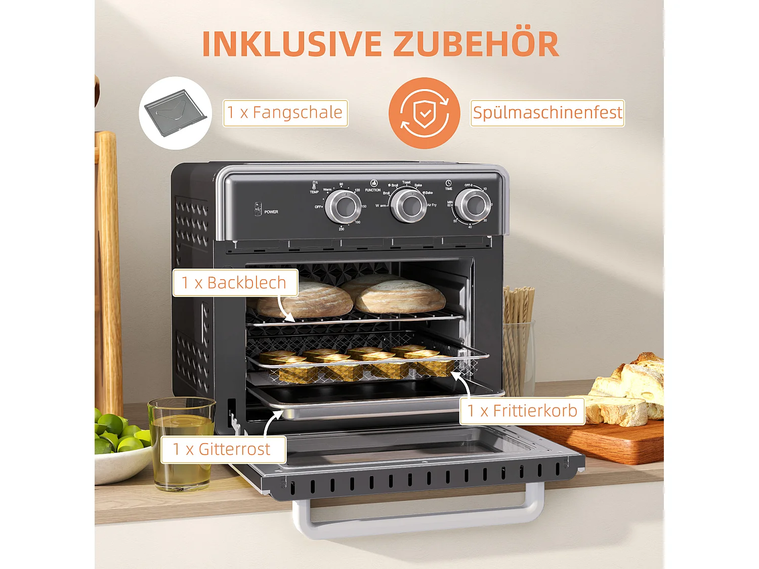 Mini four avec convection 20L, 5 modes, 1400W, avec grille, plateau de cuisson, et panier à friture, acier, gris (36x37.7x34.5cm)