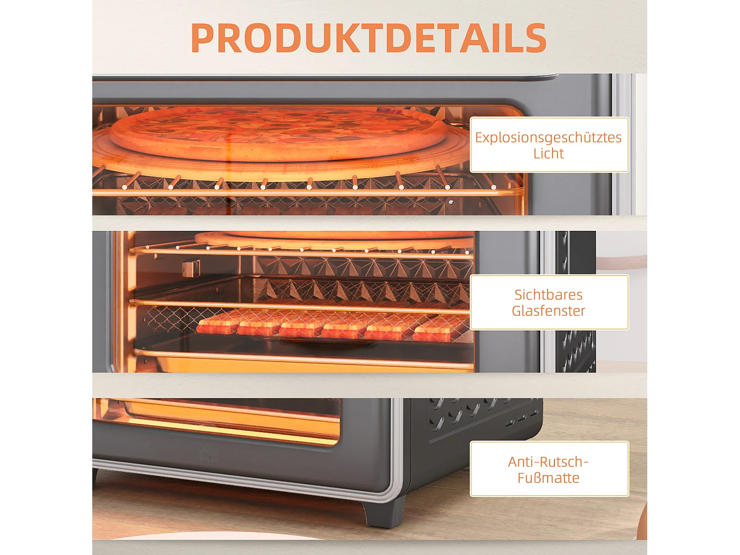 Mini four avec convection 20L, 5 modes, 1400W, avec grille, plateau de cuisson, et panier à friture, acier, gris (36x37.7x34.5cm)