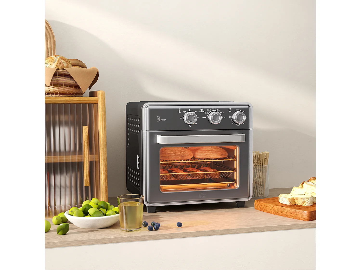 Mini four avec convection 20L, 5 modes, 1400W, avec grille, plateau de cuisson, et panier à friture, acier, gris (36x37.7x34.5cm)
