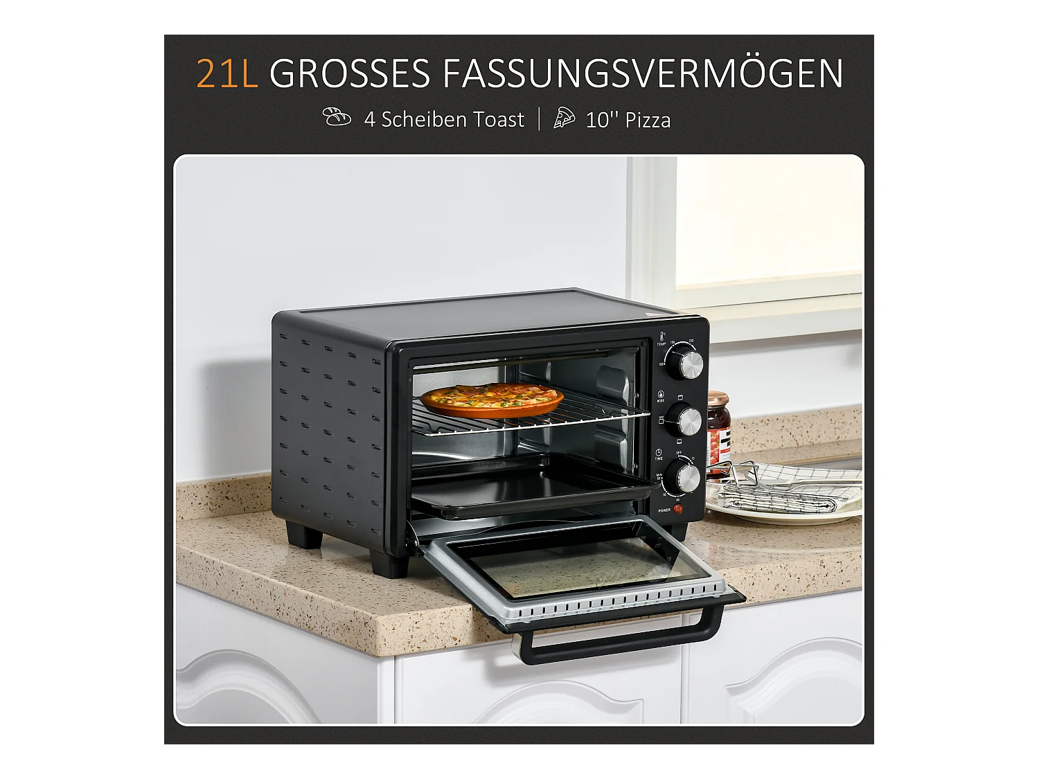 Mini vier 21L 1400W, 3 kookstanden, temperatuur instelbaar 100-230°C, roestvrij staal & glas, grijs (46,4x38x28,5cm)