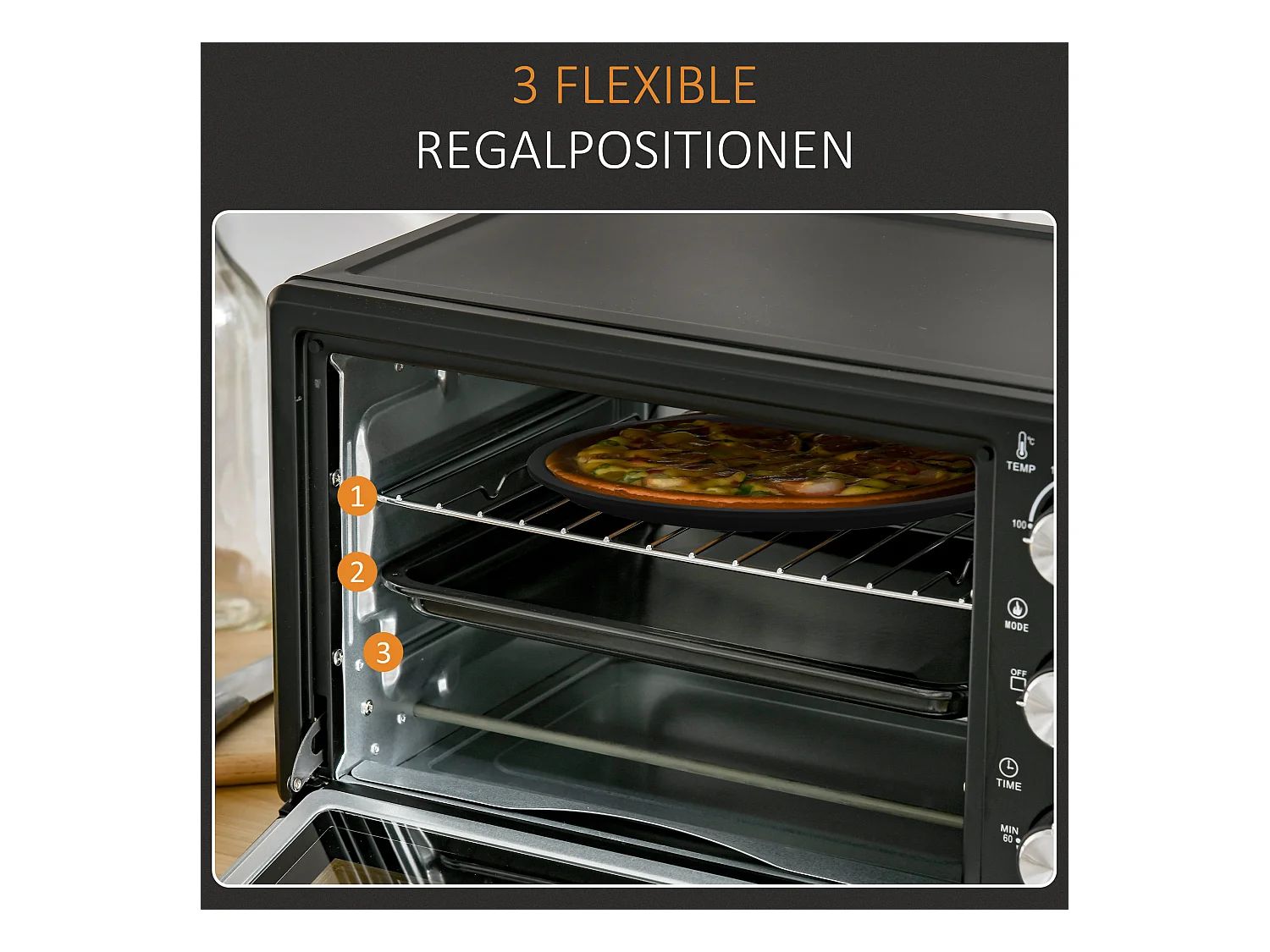 Mini vier 21L 1400W, 3 kookstanden, temperatuur instelbaar 100-230°C, roestvrij staal & glas, grijs (46,4x38x28,5cm)