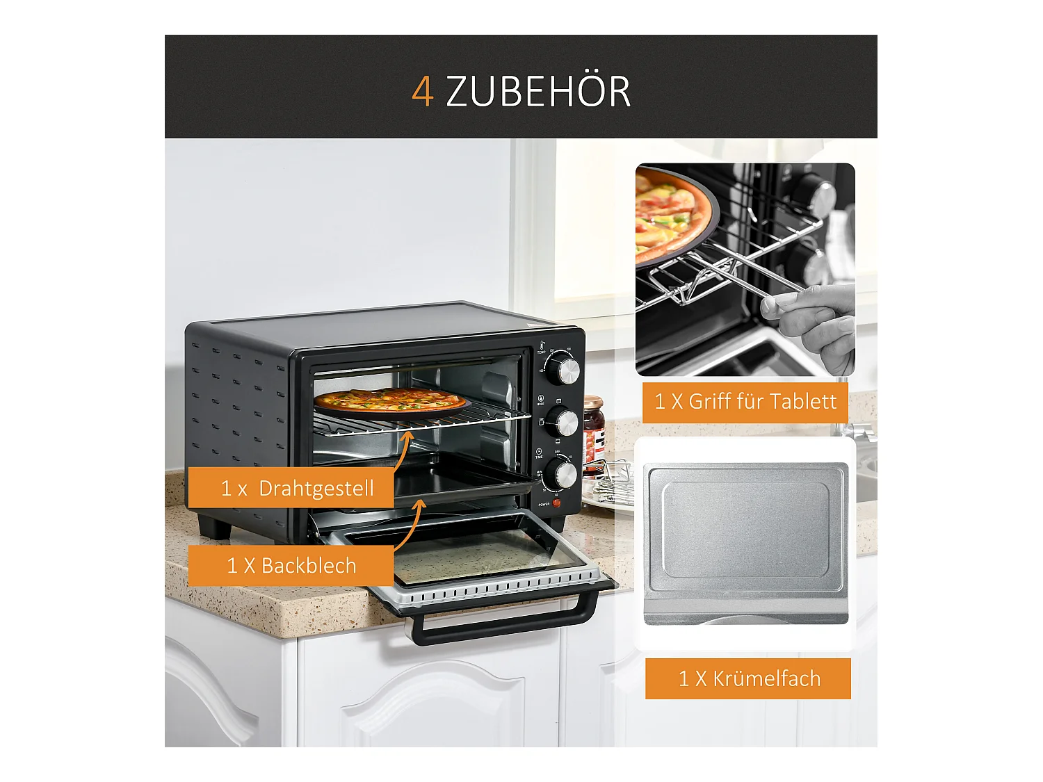 Mini vier 21L 1400W, 3 kookstanden, temperatuur instelbaar 100-230°C, roestvrij staal & glas, grijs (46,4x38x28,5cm)