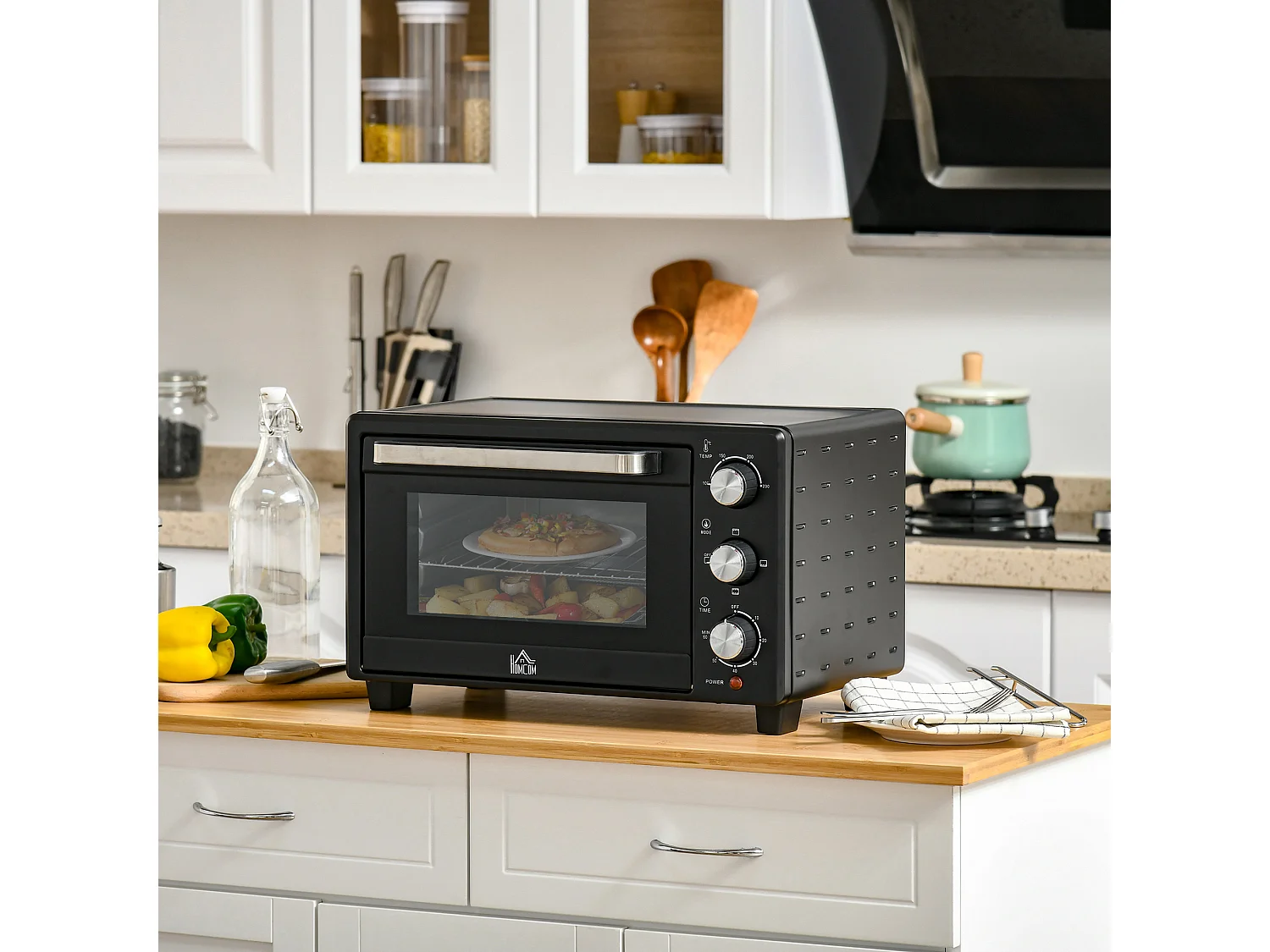 Mini four 21L 1400W, 3 modes de cuisson, température réglable 100-230°C, inox & verre, gris (46.4x38x28.5cm)