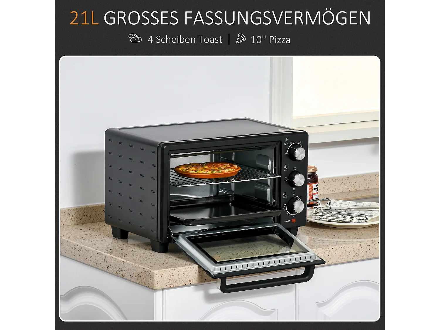 Mini four 21L 1400W, 3 modes de cuisson, température réglable 100-230°C, inox & verre, gris (46.4x38x28.5cm)