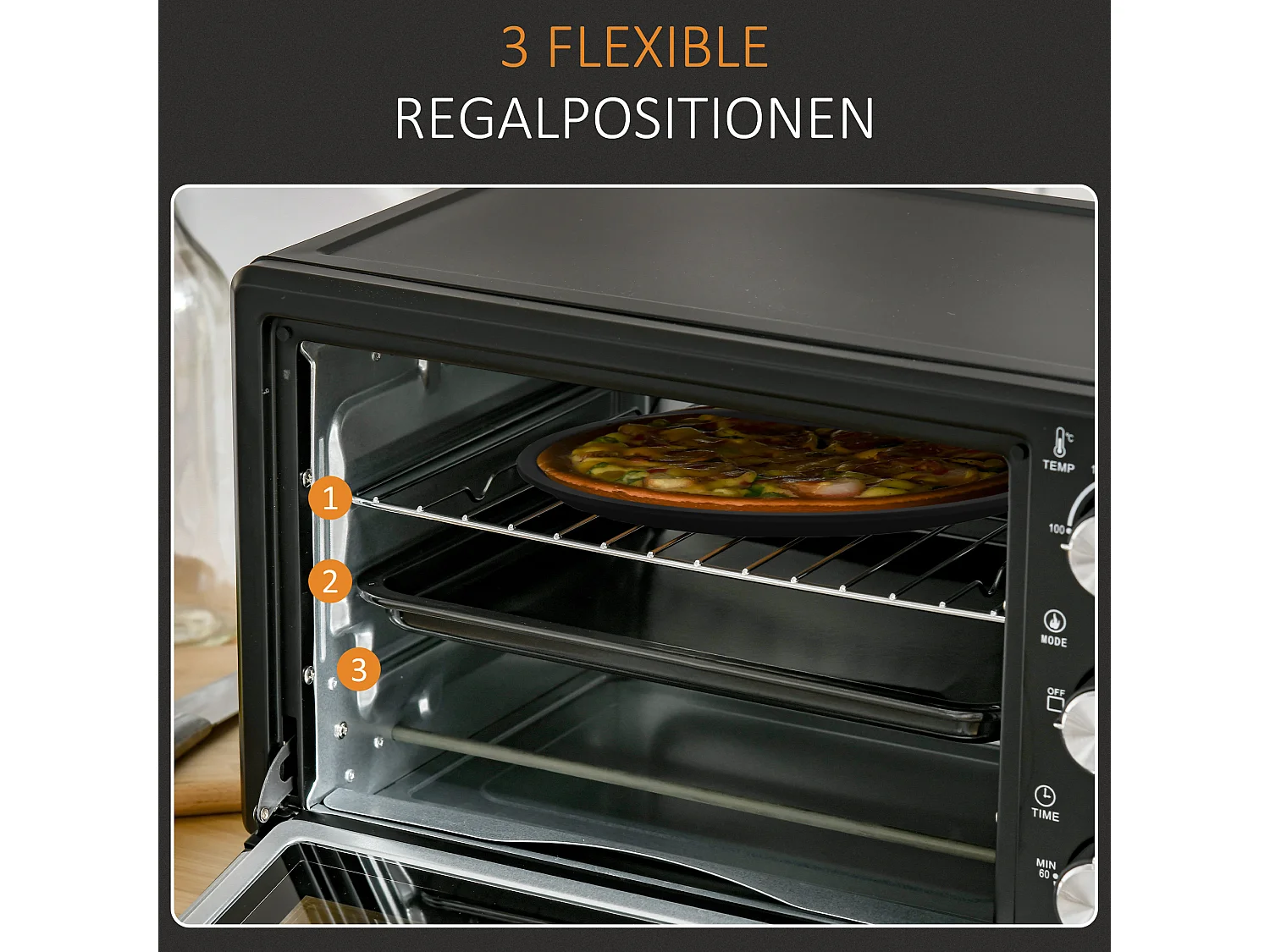 Mini four 21L 1400W, 3 modes de cuisson, température réglable 100-230°C, inox & verre, gris (46.4x38x28.5cm)