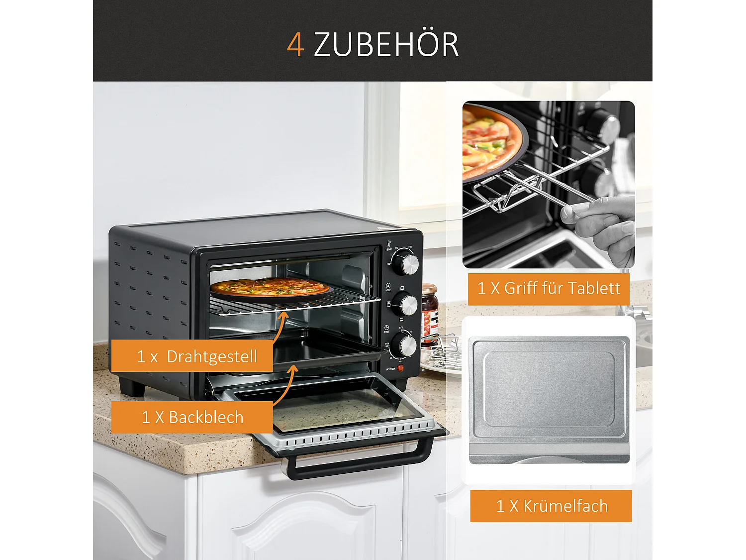 Mini four 21L 1400W, 3 modes de cuisson, température réglable 100-230°C, inox & verre, gris (46.4x38x28.5cm)