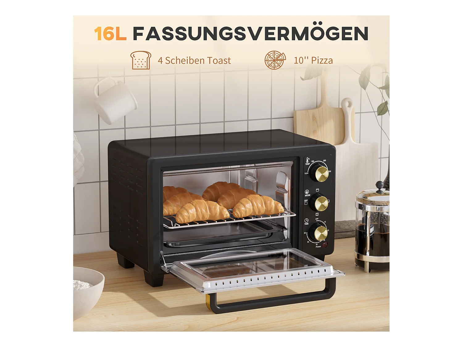 Mini vier 16 L, 1400W, temperatuur instelbaar 100-230℃, timer van 60 min, met rooster en kookplaat, zwart (44x32x28,1cm)