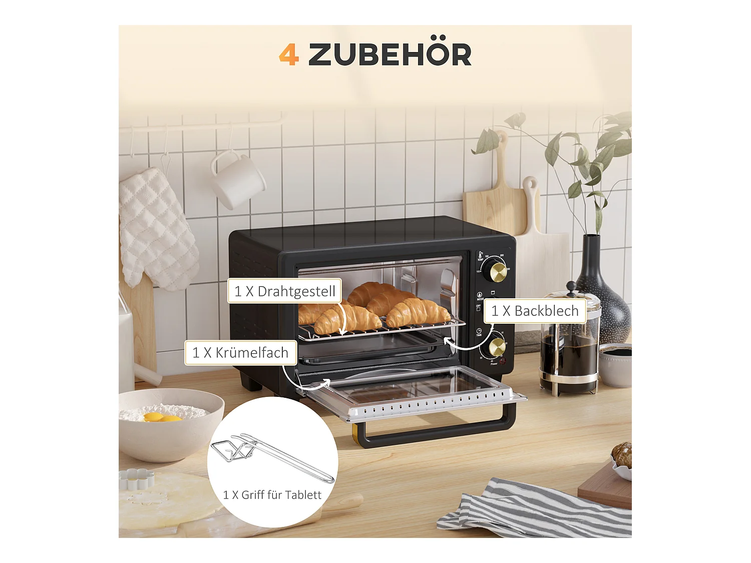 Mini vier 16 L, 1400W, temperatuur instelbaar 100-230℃, timer van 60 min, met rooster en kookplaat, zwart (44x32x28,1cm)