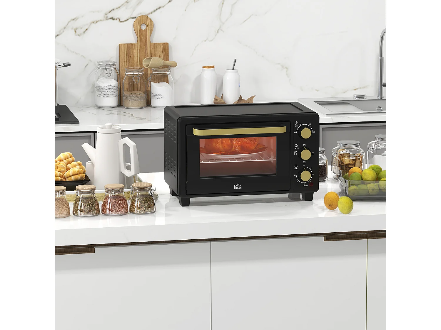 Mini four 16 L, 1400W, température réglable 100-230℃, 60 min Timer, avec grille et plaque de cuisson, noir (44x32x28.1cm)