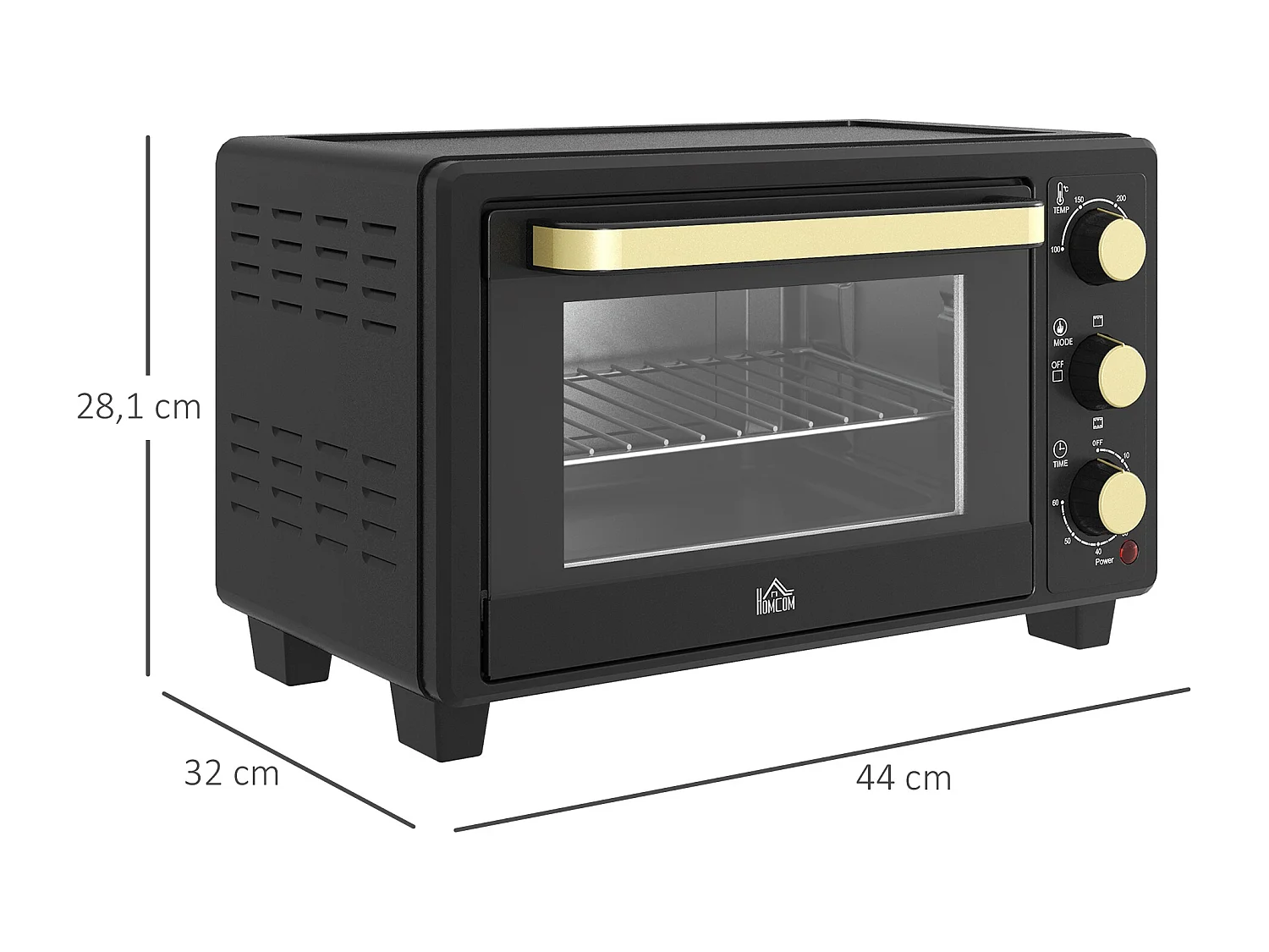 Mini four 16 L, 1400W, température réglable 100-230℃, 60 min Timer, avec grille et plaque de cuisson, noir (44x32x28.1cm)